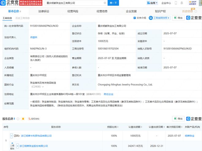 明牌珠寶投資成立珠寶加工公司，深化工藝美術品及禮儀用品制造布局